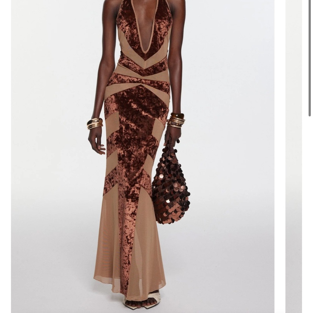 Brown and Cream Plunge Maxi Gown